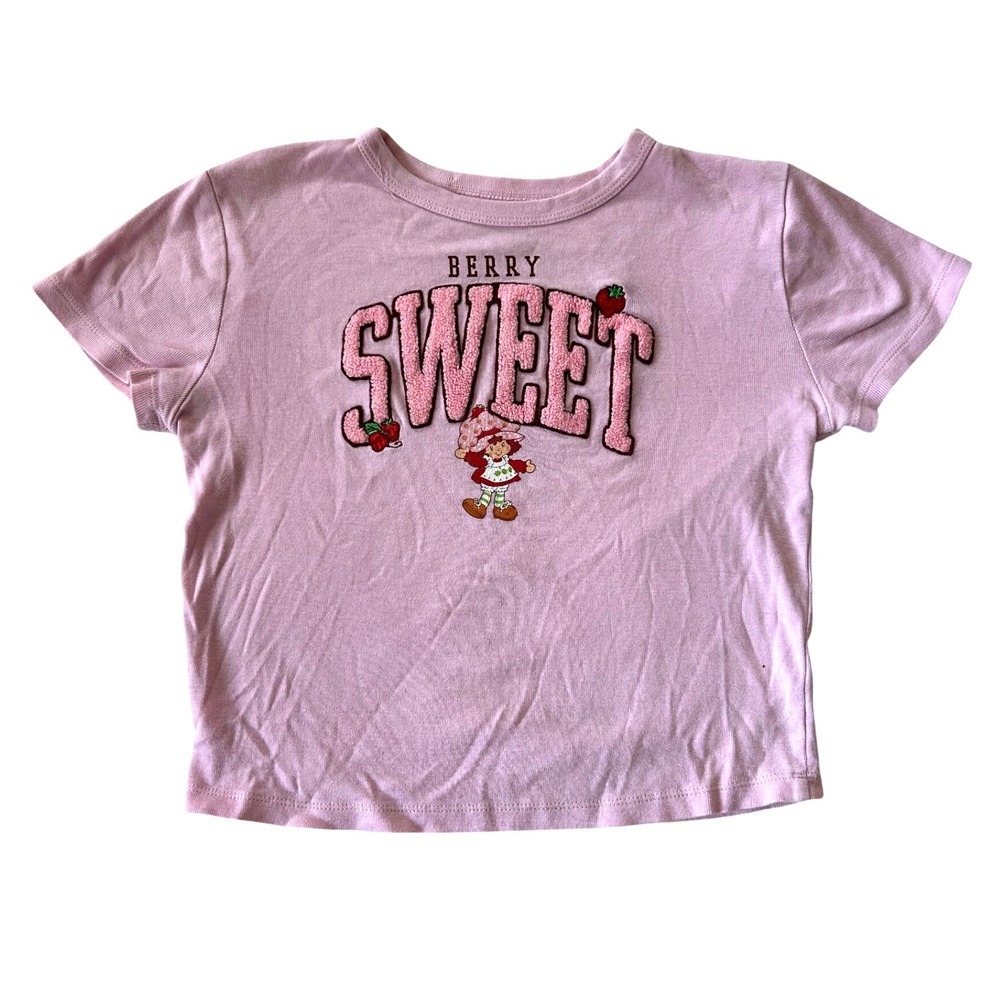 Strawberry Shortcake T-Shirt M Pink Berry Sweet Chenille Y2K Baby Tee kidcore